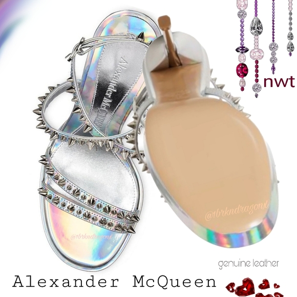 BNIOB ALEXANDER MCQUEEN Leather Silver Iridescent Heels Caged Embellished - Picture 8 of 15